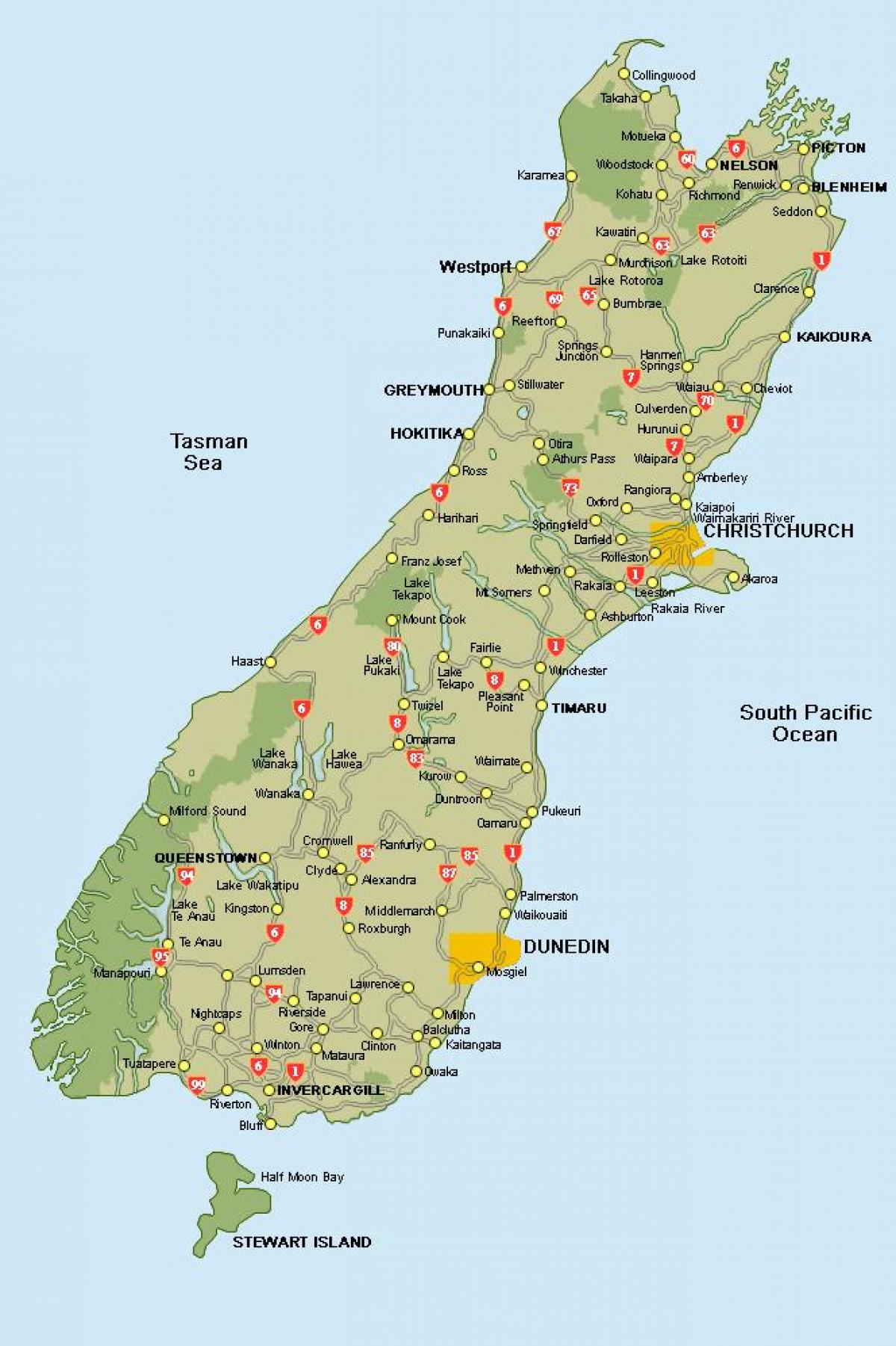 νέα ζηλανδία χάρτη νότιο νησί οδικό χάρτη