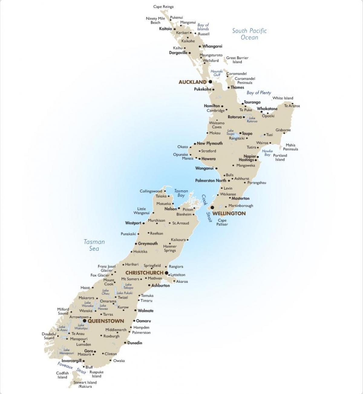 χάρτης της νέας ζηλανδίας με μεγάλες πόλεις